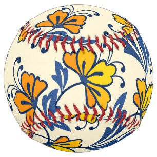 Vintage Yellow Orange Folk Floral Blue Leaf Softball