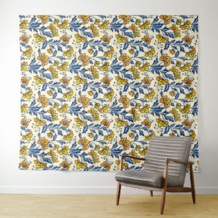 Vintage Yellow Orange Folk Floral Blue Leaf Tapestry