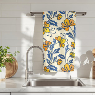 Vintage Yellow Orange Folk Floral Blue Leaf Tea Towel
