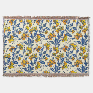 Vintage Yellow Orange Folk Floral Blue Leaf Throw Blanket