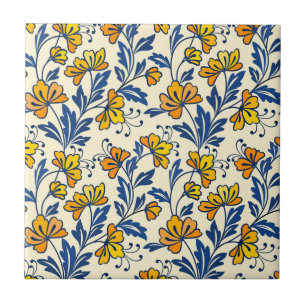 Vintage Yellow Orange Folk Floral Blue Leaf Tile