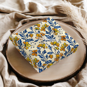 Vintage Yellow Orange Folk Floral Blue Leaf Tissue Paper