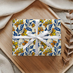 Vintage Yellow Orange Folk Floral Blue Leaf Wrapping Paper