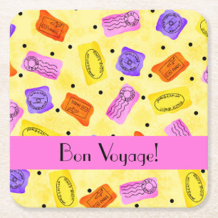 Vintage Yellow Passport Stamps Bon Voyage Square Paper Coaster