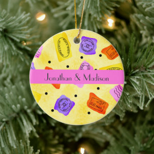Vintage Yellow Passport Stamps Name Personalised Ceramic Tree Decoration