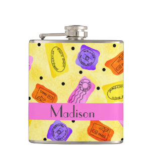 Vintage Yellow Passport Stamps Name Personalised Hip Flask