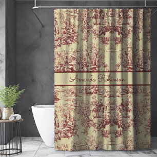 Vintage Yellow Red Toile De Jouy Lake Monogram Shower Curtain