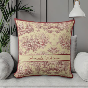 Vintage Yellow Red Toile de Jouy Monogram Lake Cushion