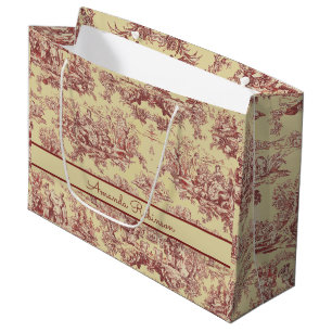 Vintage Yellow Red Toile de Jouy Monogram Large Gift Bag