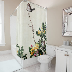 Vintage Yellow Rose & Birds Chinoiserie Art Shower Curtain