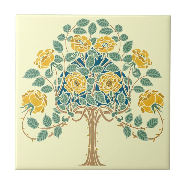 Vintage Yellow Rose Bush 1909 Arts & Crafts Tile (Front)