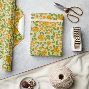 Vintage Yellow Rose Floral on Beige Wrapping Paper
