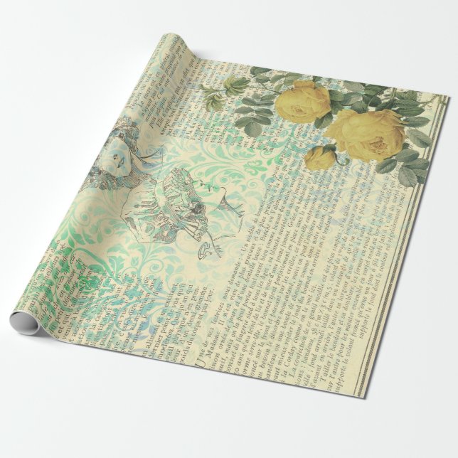 Vintage Yellow Rose, Lady, and Newsprint Wrapping Paper (Unrolled)