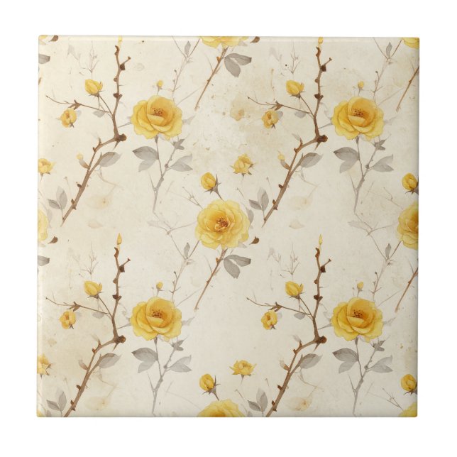 Vintage Yellow Rose Pattern with Grey Foliage Tile (Front)