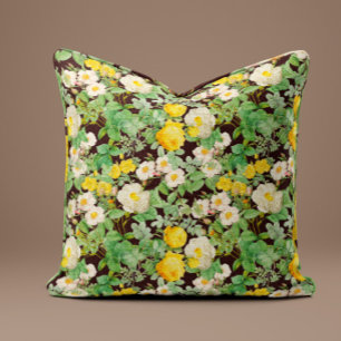 Vintage Yellow Rose Pillow in Dark Chocolate