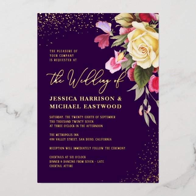 Vintage Yellow Rose Pink Purple Gold Wedding (Front)