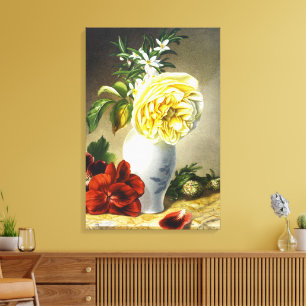 Vintage Yellow Rose Red Pansy Floral Vase Art Canvas Print