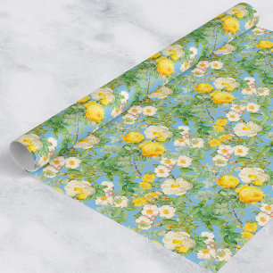 Vintage Yellow Rose Wrapping Paper on Sky Blue Bac