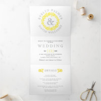 Vintage yellow rose wreath, grey text wedding