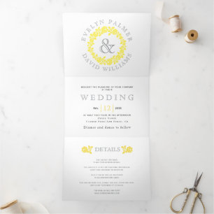 Vintage yellow rose wreath, grey text wedding Tri-Fold invitation