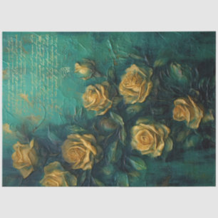 Vintage yellow roses gold foil emerald deep green  tissue paper