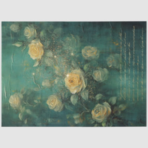 Vintage yellow roses  gold sparkles emerald green  tissue paper