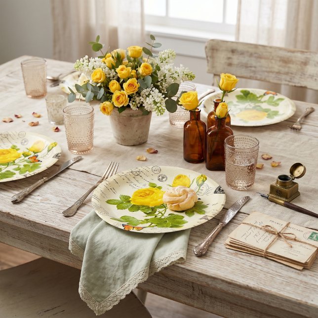 vintage yellow roses paper plate (Creator Uploaded)