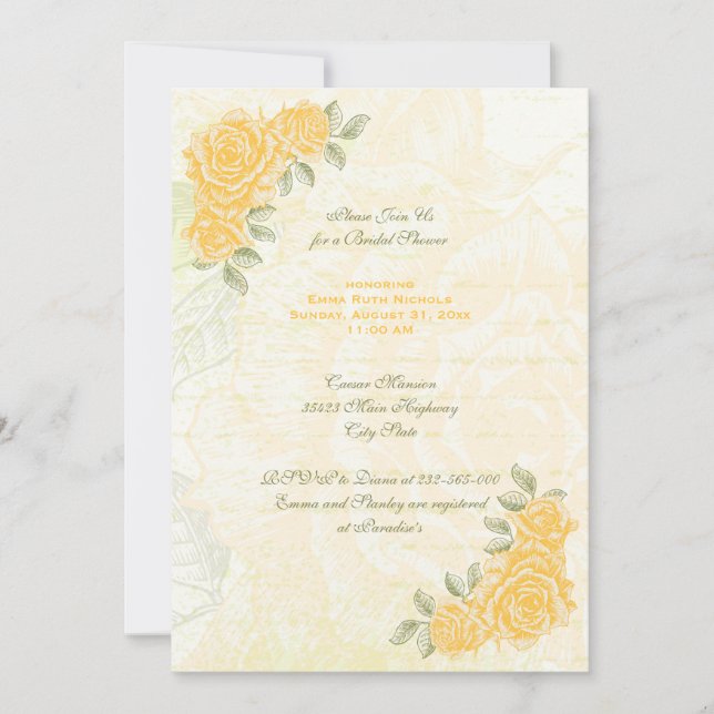 Vintage yellow roses wedding bridal shower invite (Front)
