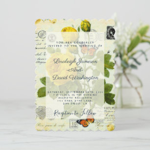 Vintage yellow roses wedding invitation