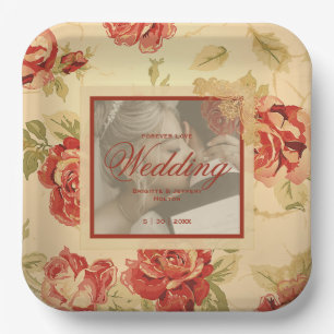Vintage yellow rustic red rose custom wedding phot paper plate