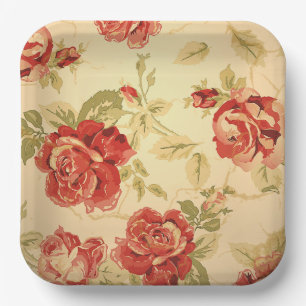 Vintage yellow rustic red rose wedding paper plate