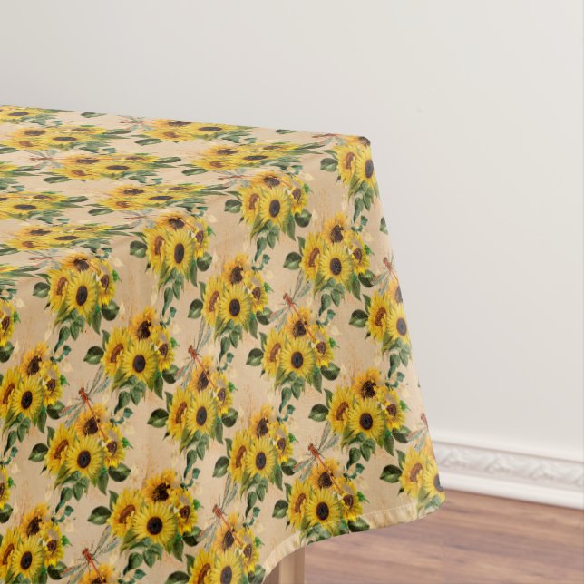 Vintage Yellow Sunflower Bouquet Dragonflies Tablecloth (In Situ)