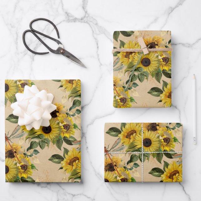 Vintage Yellow Sunflower Bouquet Dragonflies Wrapping Paper Sheet (Front)