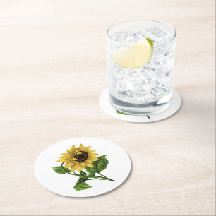 Vintage Yellow Sunflower Round Paper Coaster