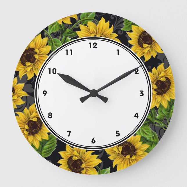 Vintage yellow sunflowers on black wall clock (Front)