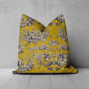 Vintage Yellow Toile de Jouy Floral Lake Cushion