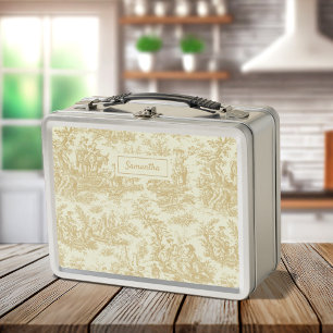 Vintage yellow toile de jouy printed metal lunch box