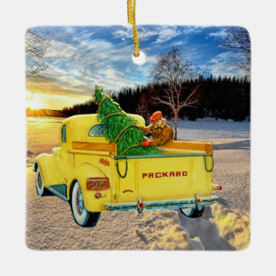 Vintage Yellow Truck in Snow Ceramic Ornament