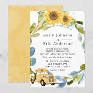 Vintage Yellow Truck Sunflowers Blue Wedding Invit Invitation