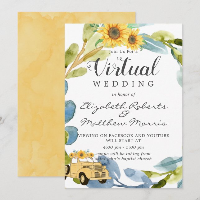 Vintage Yellow Truck Sunflowers Virtual Wedding In Invitation (Front/Back)
