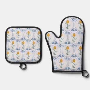 Vintage Yellow Tulip Blue White Delft  Oven Mitt & Pot Holder Set