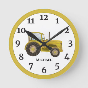Vintage Yellow Watercolor Farm Tractor Round Clock