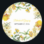 Vintage Yellow Watercolor Floral Botanical Wedding Classic Round Sticker<br><div class="desc">A yellow floral garden and botanical watercolor design. This Spring and floral vintage garden greenery design incorporates different yellow flower colour blossoms. An elegant botanical illustration of Spring and Summer flowers ideal for any wedding. This flower illustration design creates an elegant rustic floral country garden feel. Elegant wedding sticker design...</div>