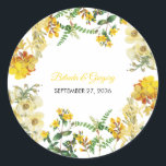 Vintage Yellow Watercolor Floral Botanical Wedding Classic Round Sticker<br><div class="desc">A yellow floral garden and botanical watercolor design. This Spring and floral vintage garden greenery design incorporates different yellow flower colour blossoms. An elegant botanical illustration of Spring and Summer flowers ideal for any wedding. This flower illustration design creates an elegant rustic floral country garden feel. Elegant wedding sticker design...</div>