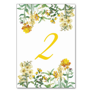 Vintage Yellow Watercolor Floral Botanical Wedding Table Number
