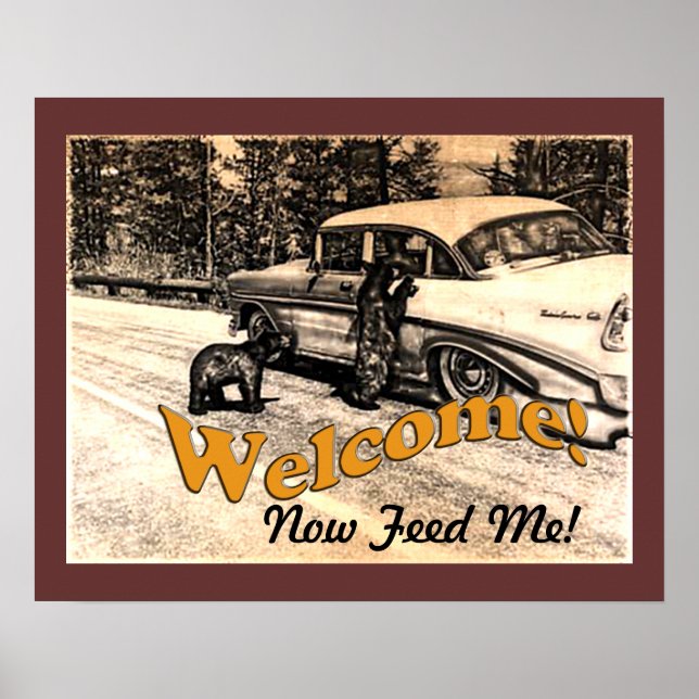 Vintage Yellowstone Black Bear and Tourist Poster (Front)