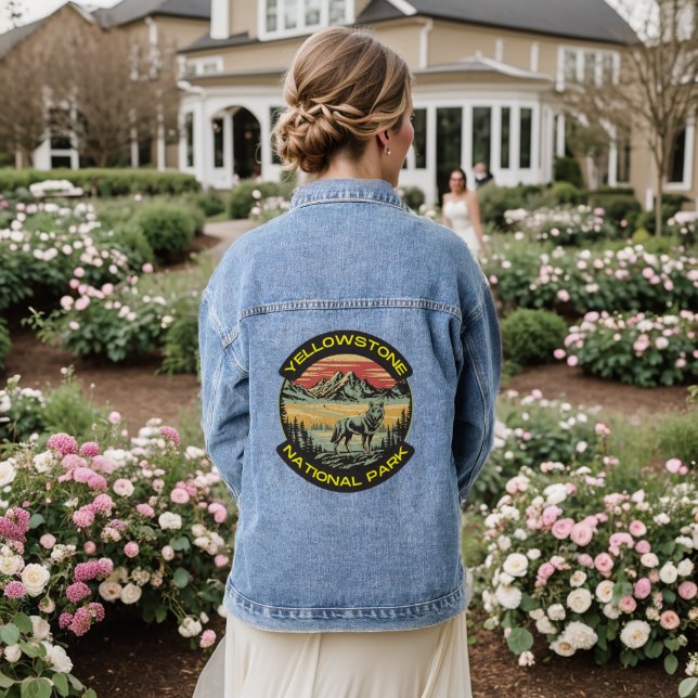 Vintage Yellowstone National Park wolf mountains Denim Jacket (Wedding Back)