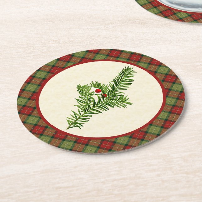 Vintage Yew Rustic Christmas Plaid Round Paper Coaster (Angled)