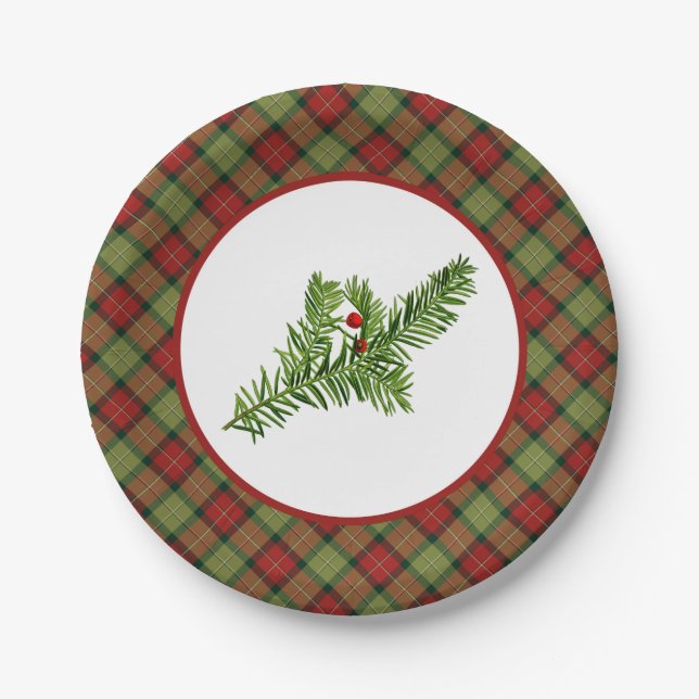 Vintage Yew with Rustic Christmas Plaid Paper Plate (Front)
