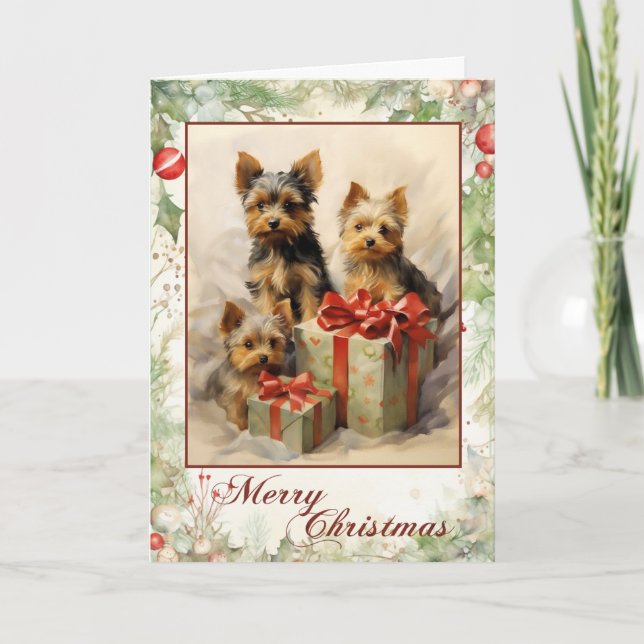 Vintage Yorkie Christmas Holiday Card (Front)